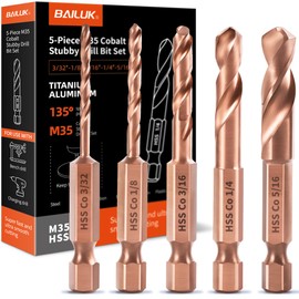 M35 Cobalt Stubby Drill Bit Set for Metal & Stainless Steel, SAE Sizes 3/32"-1/8"-3/16"-1/4"-5/16", 5-Piece Carbide Drill Bits with 1/4" Hex Shank for Quick Chucks & Impact Drivers