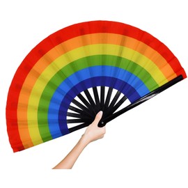 STHUAHE Large Folding Hand Fan for Women Men, Rave Big Foldable Bamboo Renaissance Handheld Fan Folding Fan for Festival, EDM, Dancing, Hot Flashes, Gift, Performance (Rainbow)