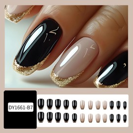 Gold French Tip Press on Nails Glitter Designs Medium Coffin Fake Nails Square Head Black Nude Acrylic Nails Press ons Glossy Full Cover Glue on Nails French Manicure False Nails Tips Stick on Nails