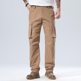 Plaid&Plain Men's Cargo Pants Loose Straight Fit with Multi-Pocket and Oversized Belt Loops LSC015 Khaki 30WX32L