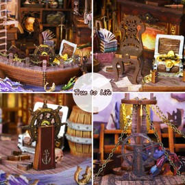 Book Nook DIY Kit, MOJINO Dollhouse Wooden Booknook Miniature House Kit with Furniture and LED Light, Magic World 3D Puzzle Bookends Made of Wood, Gift Decoration for Teenagers (Expedition Sailing)