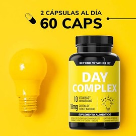 Nootropico Day Complex con Vitaminas, Minerales y Aminoácidos- Contiene Omega 3, L -Triptófano, Colina, Acetil L-Carnitina, L-Teanina- Suplemento Vitamínico - Suplemento Alimenticio en Cápsulas - Sin Azúcar-Ingredientes NON GMO-60 cápsulas