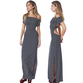 ASEDRFQ Women's Elegant Halter Neck Bodycon Maxi Dress Sexy Hollow Out Short Sleeve Party Vocation Polka Dot Print Dress (US, Alpha, Small, Regular, Regular, Black and White Polka dots)