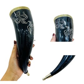 Viking Drinking Horn Buffalo horn drinking horn decorated with Handmade Unique Drink horn ravens Drinking Beer Mug Brass knob