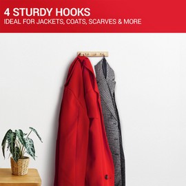 LouMaxx Wooden Hook Rack Made of Pine with 4 Wooden Hooks - Wall Coat Rack Wood - Children's Coat Rack - Wooden Coat Hook for Wall Mounting Made of Untreated Pine Wood