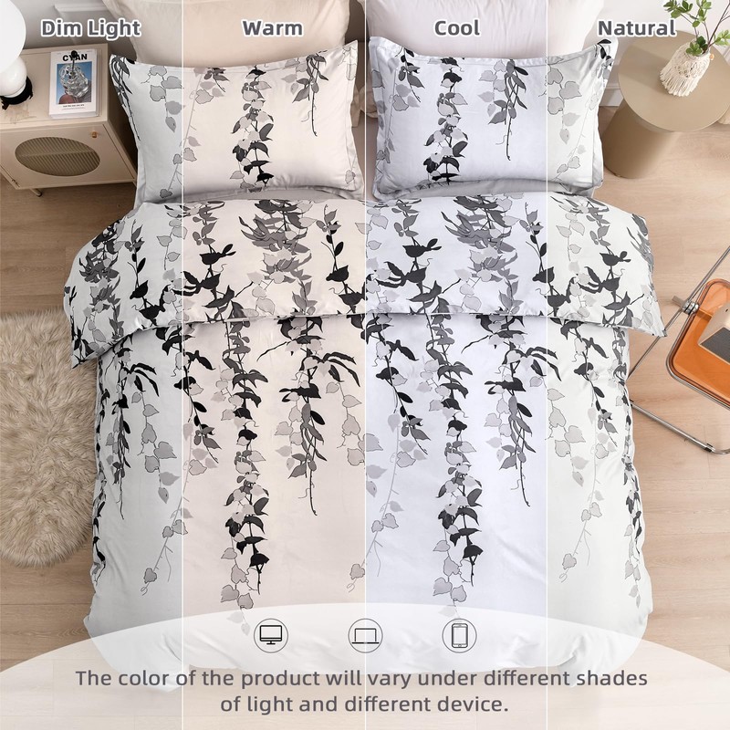 Double Duvet Set Botanical Grey Bedding Set Polyester Breathable Stylish