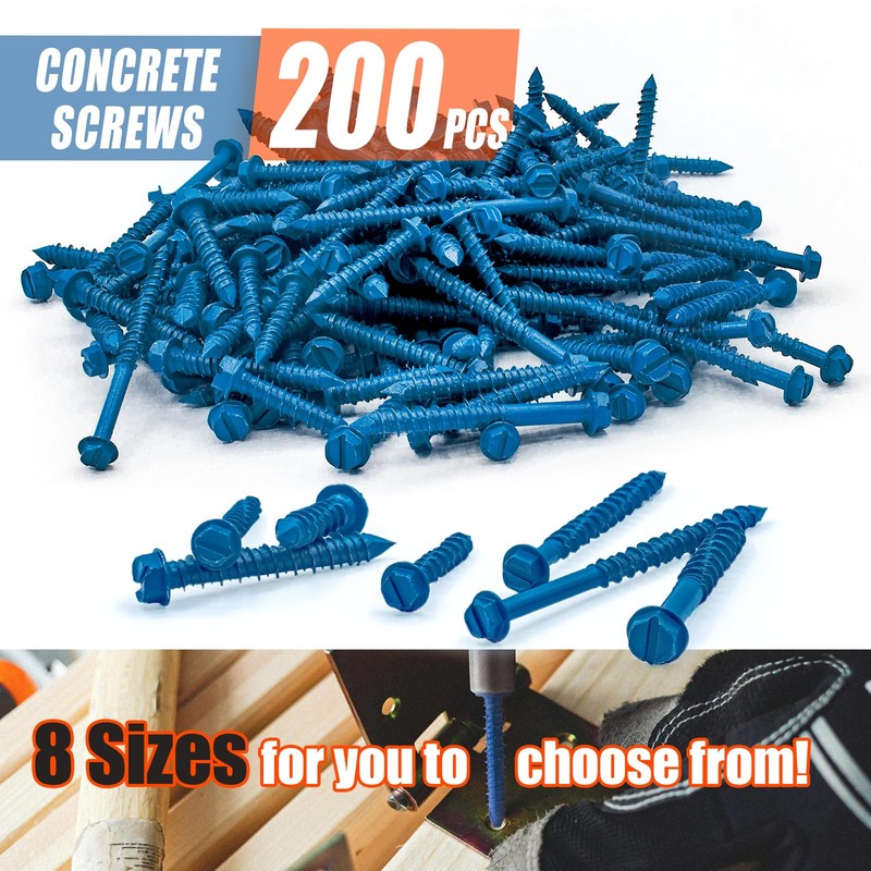 RURITKIT 200Pcs Concrete Screws with Drill Bit and Driver bit,