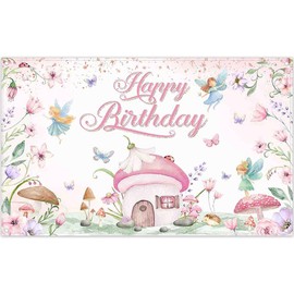 Luminora 72 x 43 Inch Pink Elf Happy Birthday Backdrop Watercolor Fairy Flowers Hedgehog Mushroom House Background Girl Birthday Party Decorations Banner Photo Props