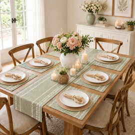 Boho Table Runner and Placemats Set of 6, Modern Farmhouse Dining Table Setting Decor with 1pcs Runner, 12pcs Mats, 6pcs Napkins, 6pcs Wood Bead Rings for Kitchen Party