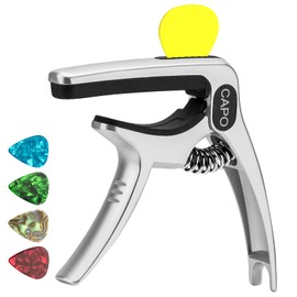 Guitar Capo, 3-in-1 multifunction capo for Acoustic and Electric Guitars (Free bonus 4 picks) with Pick Holder and Pin Puller, Guitar Accessories, Metallic Silver