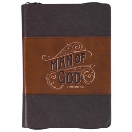 Christian Art Gifts Inspirational Zippered Journal, Man of God Wide Ruled Notebook, 1 Tim. 6:11 Bible Verse, Brown Vegan Leather, 336 Lined Pages w/scripture, (9” x 6.4” x .9”)