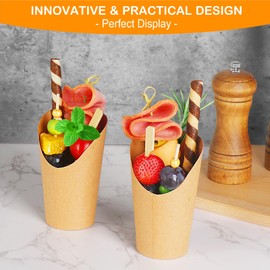500PCS Charcuterie Cups with Sticks, Charcuterie Boards Accessories - Disposable Brown Paper French Fry Holder - 12 oz Appetizer Cups with Cocktail Toothpicks Skewers (80 Cups+320 Picks+100 Labels)