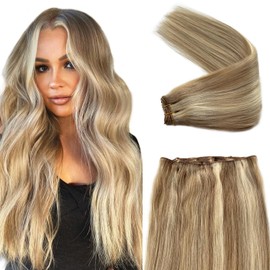 Sew in Hair Extensions Blonde Human Hair Wefts Beige Blonde with Platinum Highlights Straight Bundles Real Human Hair Extensions Sew in 14 Inch 80G for Women