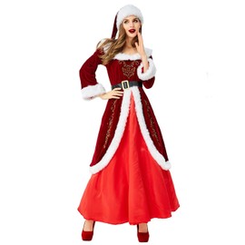 SERQUENIF Women's Mrs Claus Costumes Miss Santa Claus Dress Deluxe Costume Dress With Hat Belt Christmas Costume Red Medium