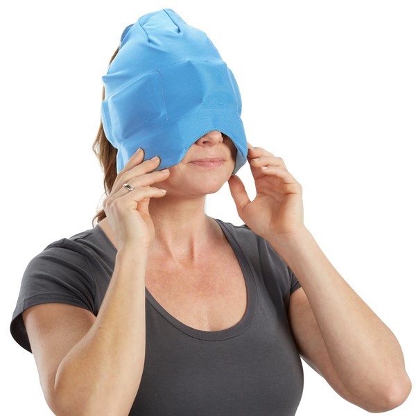 Aculief Headache, Migraine, & Stress Relief Hat - Natural Ice Mask for Tension & Muscle Pain– Supports Relaxation, Soreness, Sinus Alleviation, Chemo -Stretchy, Comfortable, & Cool Wearable–Light Blue