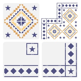 FINGERINSPIRE 3 Pcs Floor Tile Stencil 11.8x11.8inch Reusable Star Mosaic Tiles Painting Template Border & Corners Stencil Concrete DIY Stencils for Patio, Floor Tile, Wall. Home Decoration