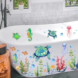 Condessacity Wall Stickers Sea in the Sea Cute Sea Creatures Stickers Turtle Hippocampus Seaweed Kids Room Sticker Waterproof Bath Poster Decor Bathroom Wallpaper Painting Kindergarten Wallpaper