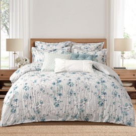 Levtex Home - Florina Comforter Set - Floral - Teal Blue Grey White - Comforter (106 x 94in.) and Two Pillow Cases (36 x 20in.) - Cotton
