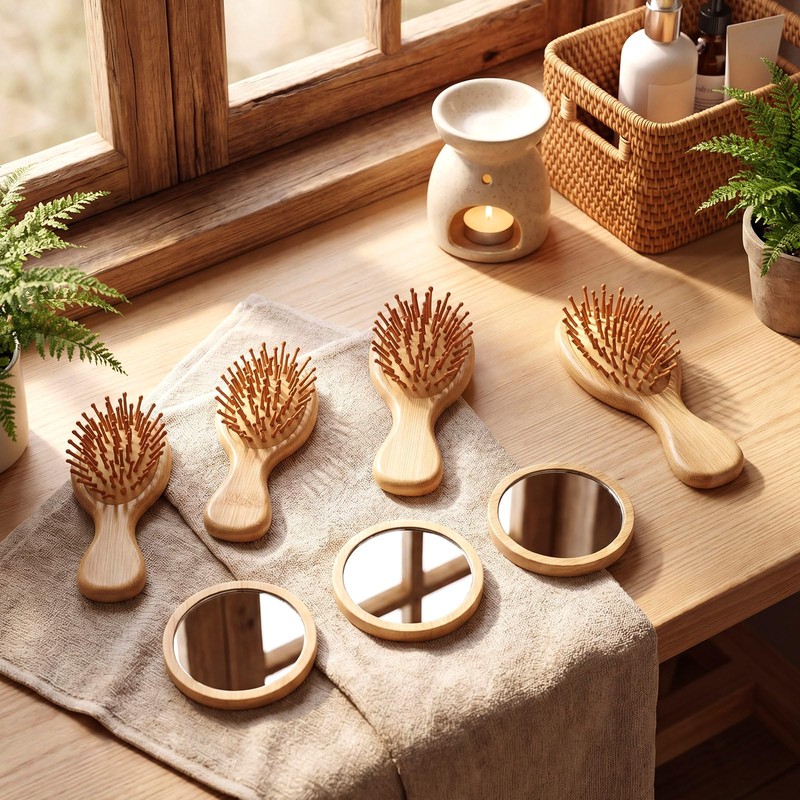 48 Pack Mini Bamboo Hair Brush and Wooden Makeup Mirror