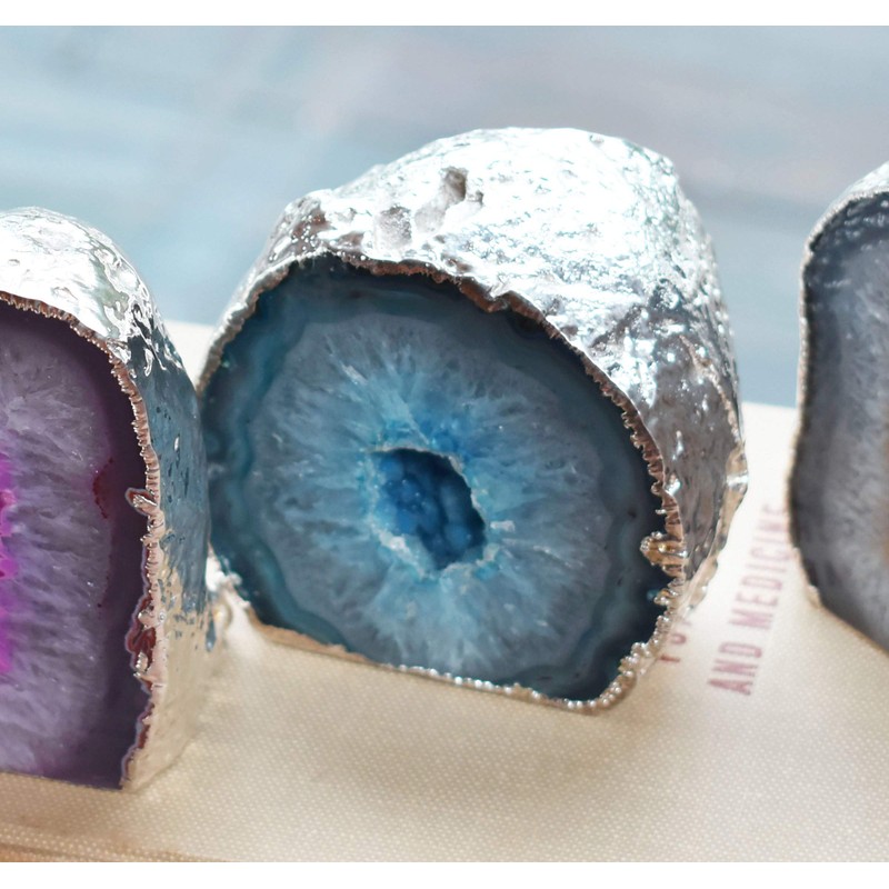 Nature's Decorations Small Teal Agate Geode Premium Silver Trim
