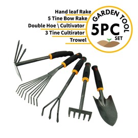 Centurion 485 5-pc Garden Hand Tool Set, Trowel, Cultivator, 5-Tine Hand Rake, 9-Tine Broom, 3-Prong/Straight Edge Hoe
