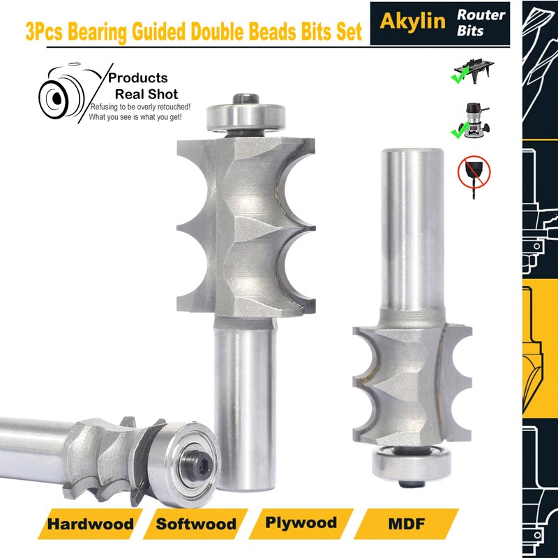 3Pcs Double Beading Router Bits 1/2" Shank,Cutting Height 3/4",7/8",1-3/8" Pair