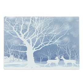 Ambesonne Winter Cutting Board, Abstract Winter Imagery with Snowy Weather Deer and Other Animals Seasonal Theme, Decorative Tempered Glass Cutting and Serving Board, Large Size, Blue White