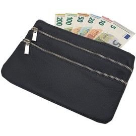 myledershop Large Cowhide Leather Bank/Bank/Wallet/Purse with 3 Zip Compartments in Black, black