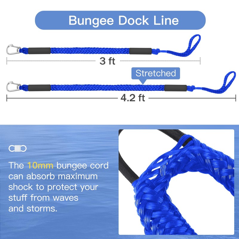 Bungee Dock Lines for Boats - 2 Pack 3ft Boat