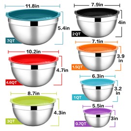 E-far Stainless Steel Mixing Bowls with Lids, 7-Piece Metal Nesting Bowls with Colorful Airtight Lids for Saving Storage Space, Size 7, 4.6, 3, 2, 1.5, 1, 0.7QT, Great for Baking/Cooking/Prepping