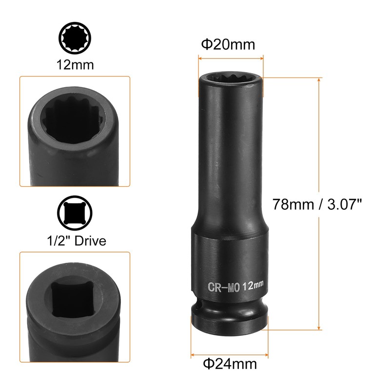 sourcing map 2Pcs 12-Point Deep Impact Socket 1/2 Inch Drive