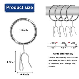 Curtain Rings, Curtain Rings with 38mm Inner Diameter and Hooks, Curtain Hooks, Durable Curtain Rod Rings for Window Rods, Shower Curtains, Silver, Pack of 40