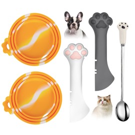 Comtim 5 PCS Pet Food Can Lids & Spoons Set - Silicone Dog Cat Food Can Covers Lids Top/Multi-Function Cat Food Spoon Spatula Can Opener for Wet Food/Long Handle Spoon Easy to Scoop Food