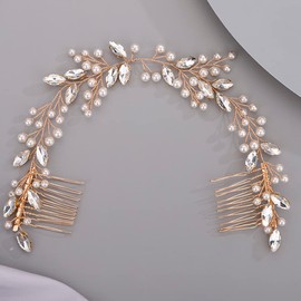 Lenjicons Wedding Rhinestone Hair Comb Luxury Pearl Rhinestone Headband Hair Comb Elegant Bridal Hair Accessory Handmade Pearls Crystal Wedding Headpiece for Women (gold)