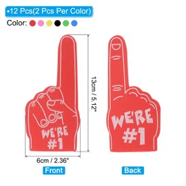 PATIKIL Mini Foam Fingers 5.1 Inch, 12 Pack We're #1 Cheerleading Foam Finger for Sports Fan Events Games Party Favors, Blue, Yellow, Green, Red, Back, Pink