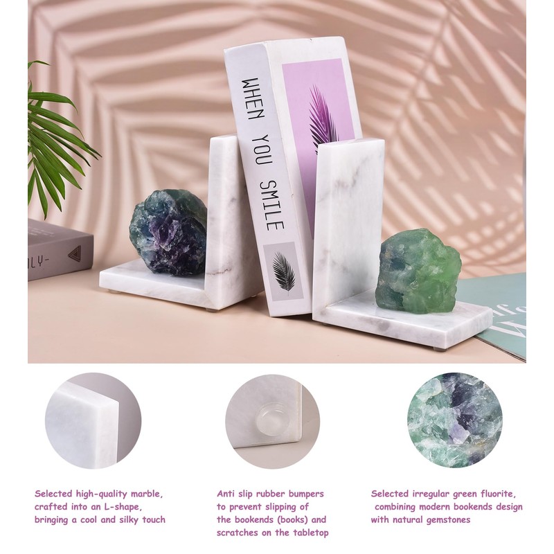 AMOYSTONE Marble & Fluorite Bookends - Heavy Duty L-Shape Book