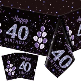 Ganeen 3 Pack 40th Birthday Tablecloth Purple Black Happy 40th Birthday Decorations Disposable Plastic Rectangular Table Cover for Party Supplies Women Men, 108 x 54 Inch