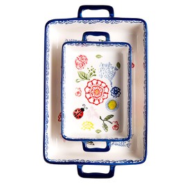 Bicuzat Vintage Style Flower and Butterfly Ladybug Pattern Bakeware Ceramic Casserole Dish Baking Pan Lasagna Pans Baking Dish with Handles for Oven to Table-2 PCS-A-Rec-S+L