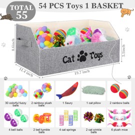 Zopeal 55 Pcs Large Cat Box Toy Set, Storage Basket Pet Bed and Cat Toys, Cat Pillows Fish Colorful Bell Balls Crinkle Balls Spring Plush Mice Attract Cat to Swat Hunt Interactive Cat Kitten Toys