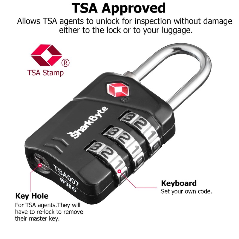 SharkByte TSA Approved Luggage Locks, 3-Dial Security Travel Combination Padlock,