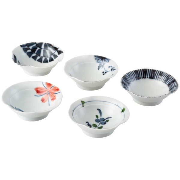 Saikai Pottery Hasamiyaki 20602 Small Bowl, Plate, Approx. 3.5 inches (9 cm), Set of 5, Naburi, Old Dyed Pictures, Made in Japan, White