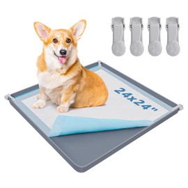 LOOBANI Dog Pee Pad Holder - Silicone Puppy Pad Holder - High Edge Dog Potty Tray with 4 Holder Clamps for Puppy Potty Training, Fits Up to 24" x 24" Training Pads, Gray