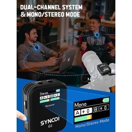 SYNCO G2(A2),2.4G Wireless Lavalier Microphone System Dual Transmitter & 1 Receiver Lapel mic for Vlogging Streaming YouTube go wirelessly on Camera Smartphone Tablet, SYNCO-G2-Wireless-Go-Microphone