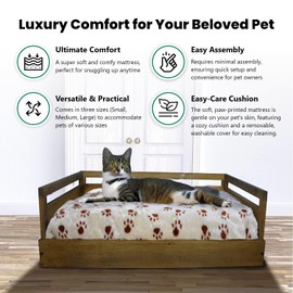 Iconic Pet Sassy Paws Wooden Pet Bed with Paw Printed Comfy Cushion for Dogs & Cats in Varying Sizes & Colors, Small-Rustic Brown