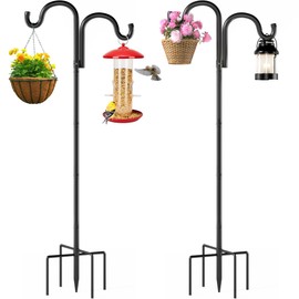 Surprizo Double Shepherds Hooks for Outdoor,76" Heavy Duty Bird Feeder Pole with 5 Prong Base, Adjustable Shepherds Hook for Bird feeders Outside, Garden, Weddings, Hanging Plants, 2 Pack, Black