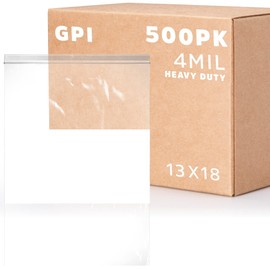 GPI - 13" x 18" - XL - Case Of 500, 4 Mil Thick, Heavy Duty, Clear Plastic Reclosable Freezer Zip Bags, With White Block for Labeling, Strong & Durable Poly Baggies With Resealable Zipper Top Lock.