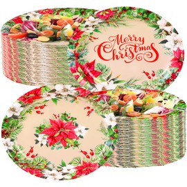 FULJOOY 100Pcs Christmas Paper Plates Winter Floral Disposable Oval Plates 10'' x 12'' Extra Large Platters Plates Dinnerware Gifts Bulk Disposable Dinner Plates for Xmas Party Holiday Dinner Serving