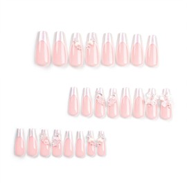 3D Bow Flower Press on Nails Long Ballerina Coffin Nails Pearl White French Tip Square Fake Nails Mirror Charm Glue on Nails for Women DIY Manicure Decoration