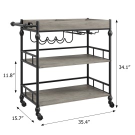 3-Tier Rolling Bar Cart With Wheel, Serving Cart With Wine Rack & Removable Tray