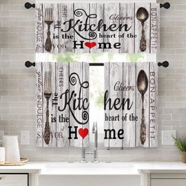 Tayney Farmhouse Rustic Kitchen Window Curtains Valance and Tier Set 36 Inch, Country Rod Pocket Short Tier Curtain for Bathroom, Wooden Vintage Small Cafe Drapes for Kitchen Decor